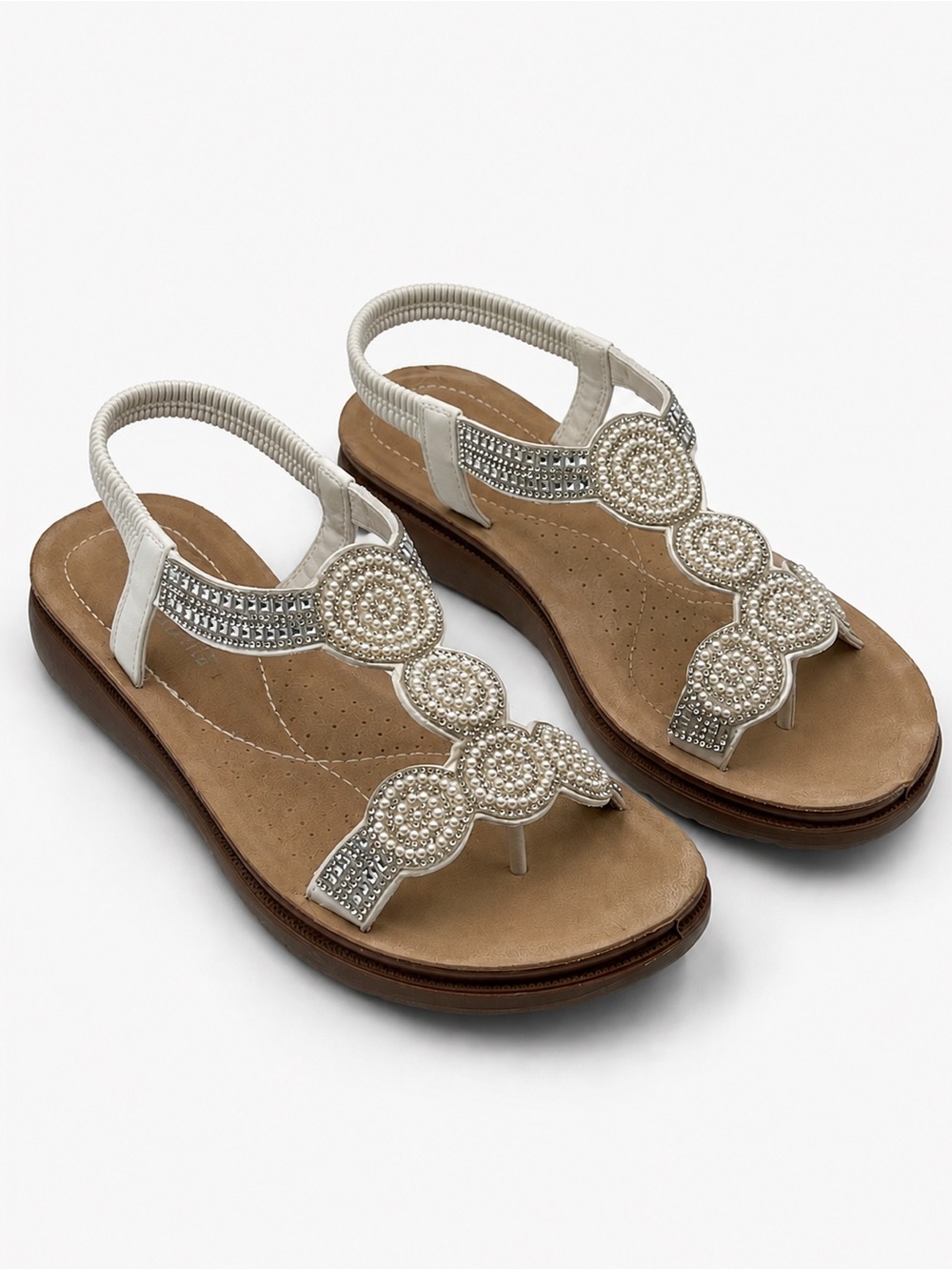 Annie Comfort Alivie Boho Wedge Sandals White Pearl Rhinestone T Strap Size 8
